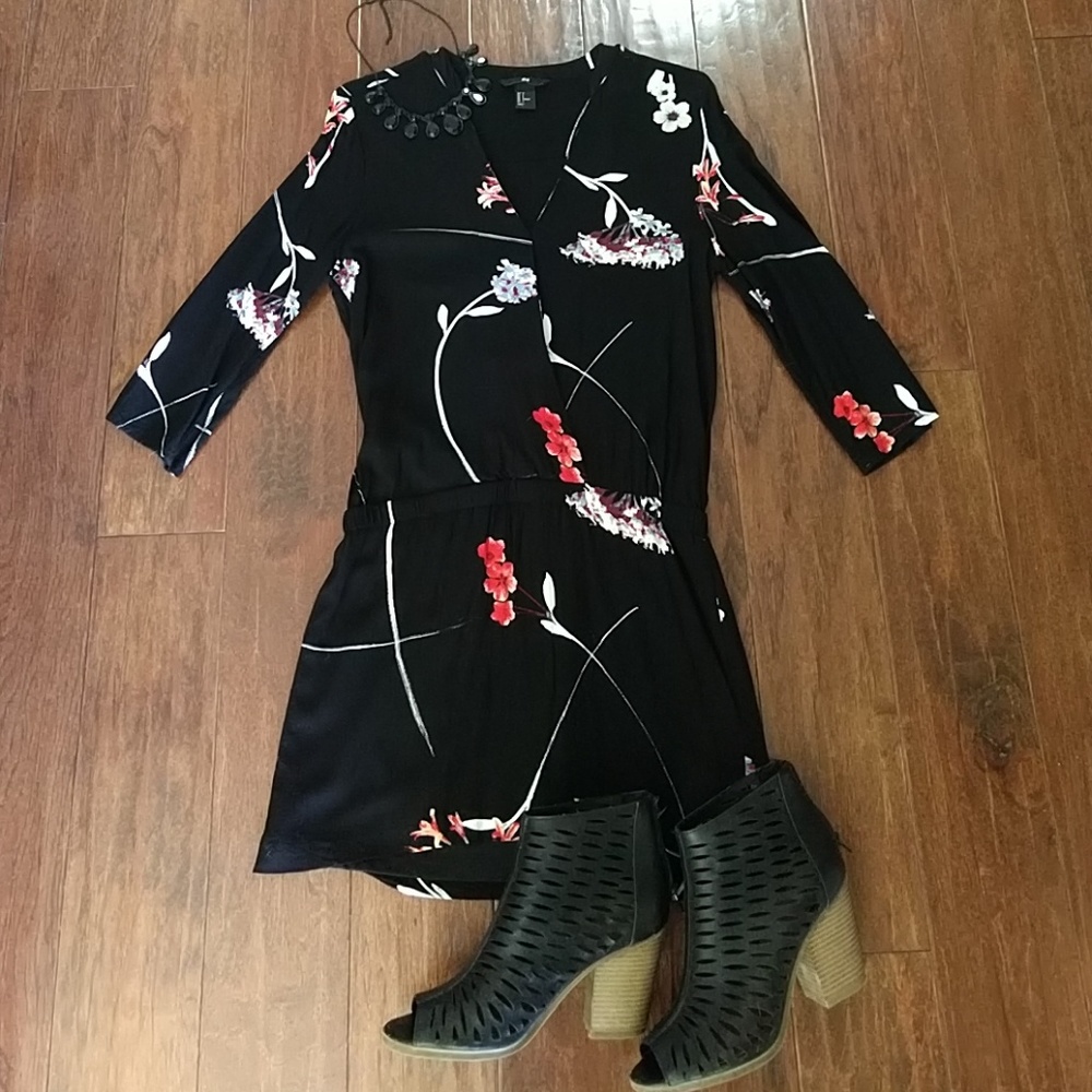 Black floral h&m faux wrap dress
